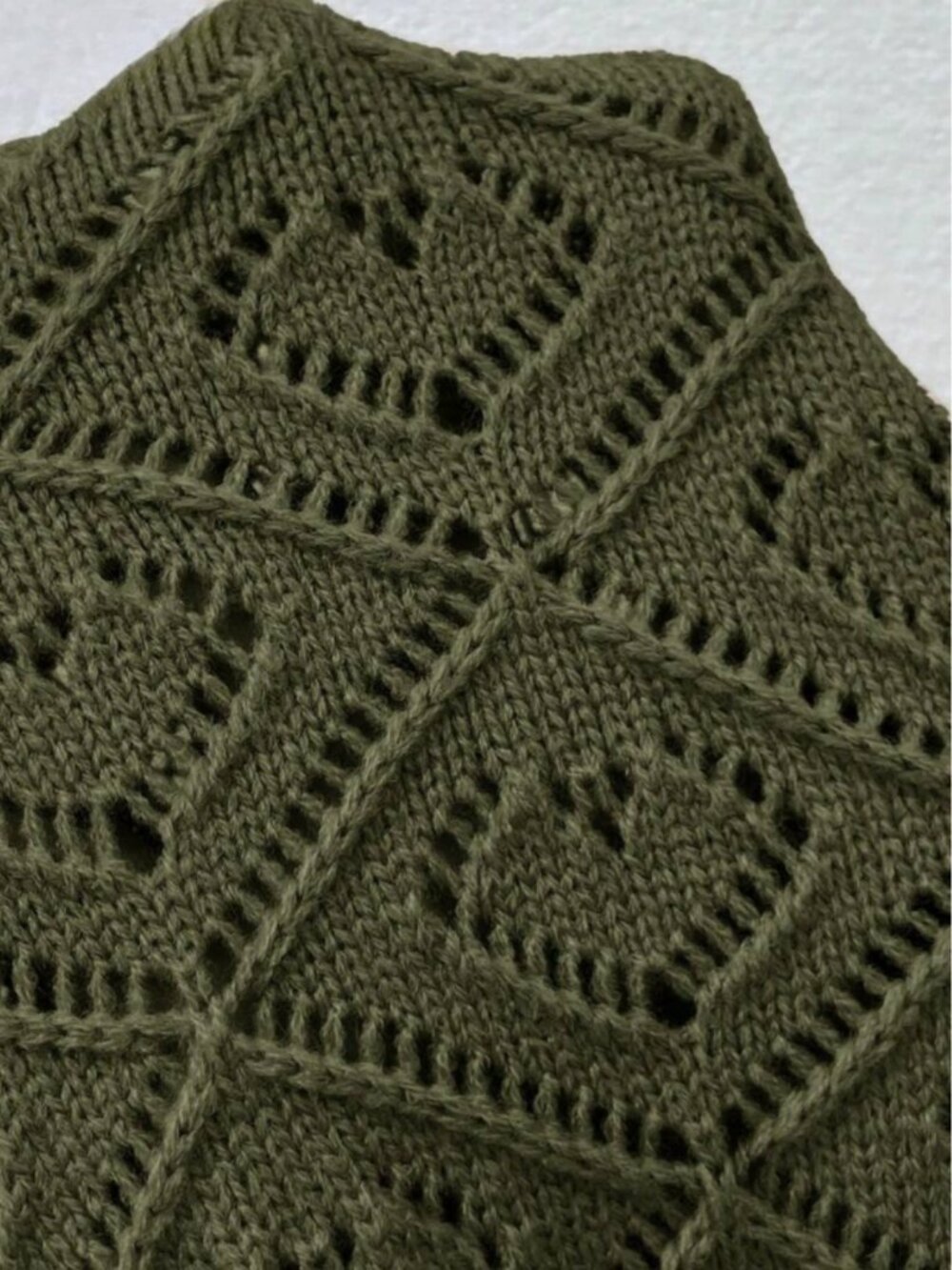 Women's Olive Green Pointelle Knit Cardigan Button Front Hollow Out Sweater - Picture 4 of 5
